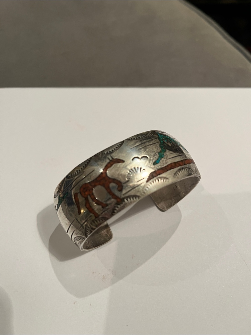 Handcrafted Sterling Silver Bracelet with Turquoise and Coral Inlay